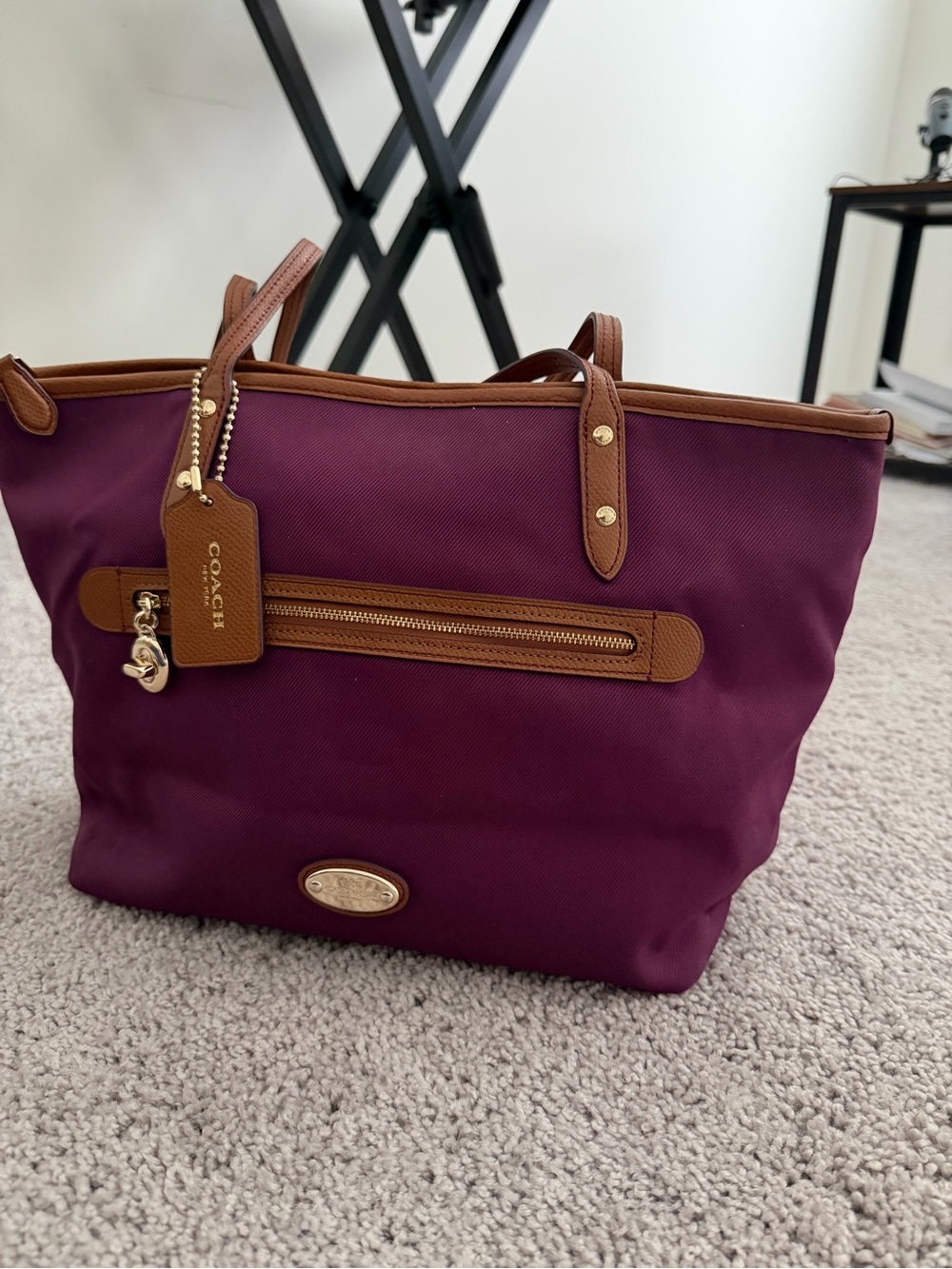 Coach Plum Nylon Tote with Brown Leather Trim and Gold Hardware